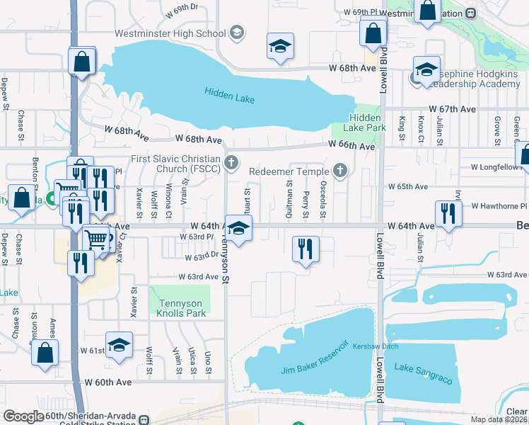 map of restaurants, bars, coffee shops, grocery stores, and more near 6411 Raleigh Street in Arvada