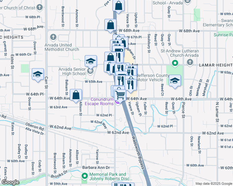 map of restaurants, bars, coffee shops, grocery stores, and more near in Arvada