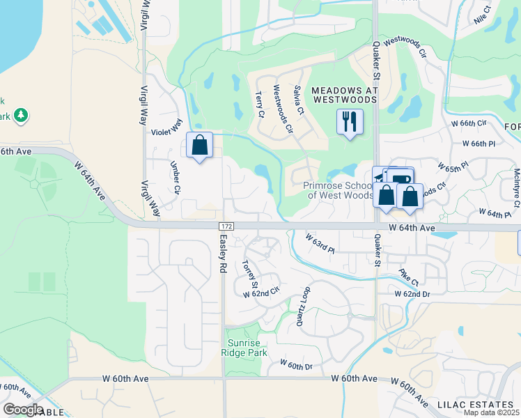 map of restaurants, bars, coffee shops, grocery stores, and more near 16981 West 64th Drive in Arvada