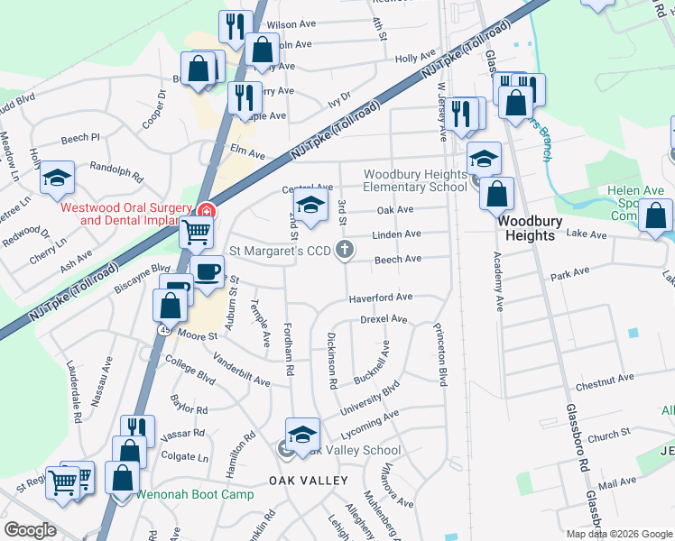 map of restaurants, bars, coffee shops, grocery stores, and more near 334 Beech Avenue in Woodbury Heights