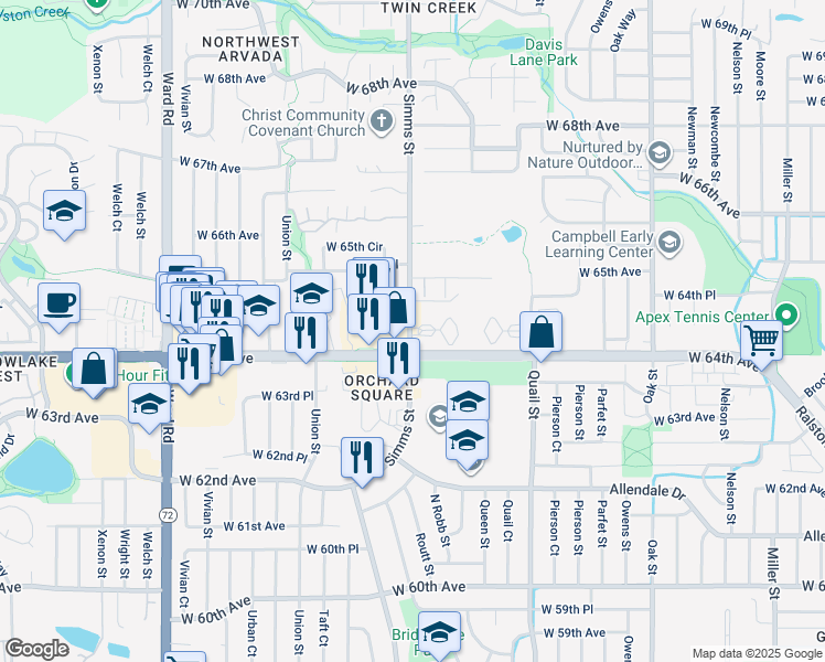 map of restaurants, bars, coffee shops, grocery stores, and more near 6432 Simms Street in Arvada