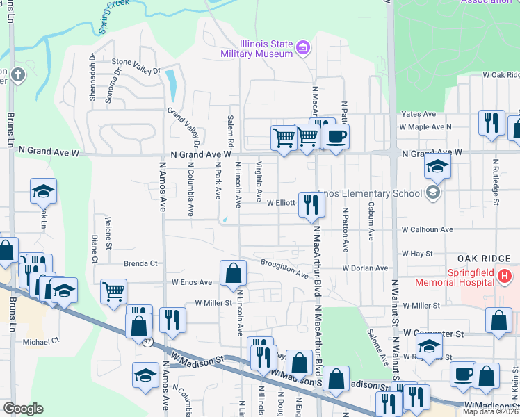map of restaurants, bars, coffee shops, grocery stores, and more near 1105 West Calhoun Avenue in Springfield