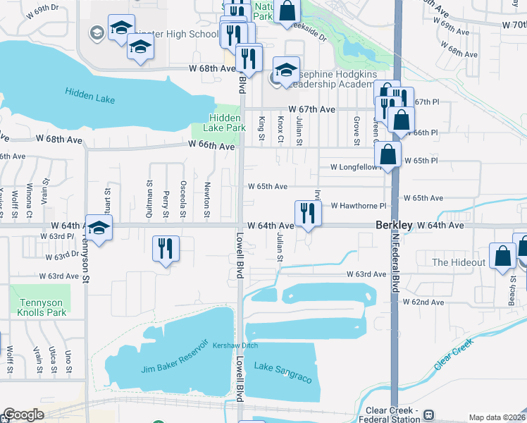 map of restaurants, bars, coffee shops, grocery stores, and more near 3555 West 64th Avenue in Denver