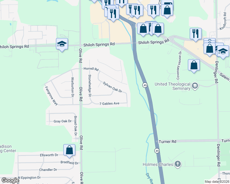 map of restaurants, bars, coffee shops, grocery stores, and more near 5810 Shady Cove Lane in Dayton