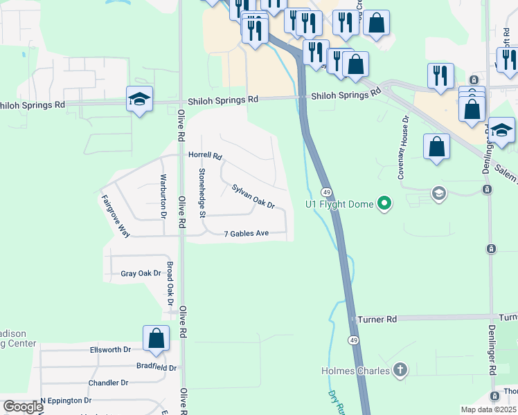 map of restaurants, bars, coffee shops, grocery stores, and more near 4571 Sylvan Oak Drive in Dayton