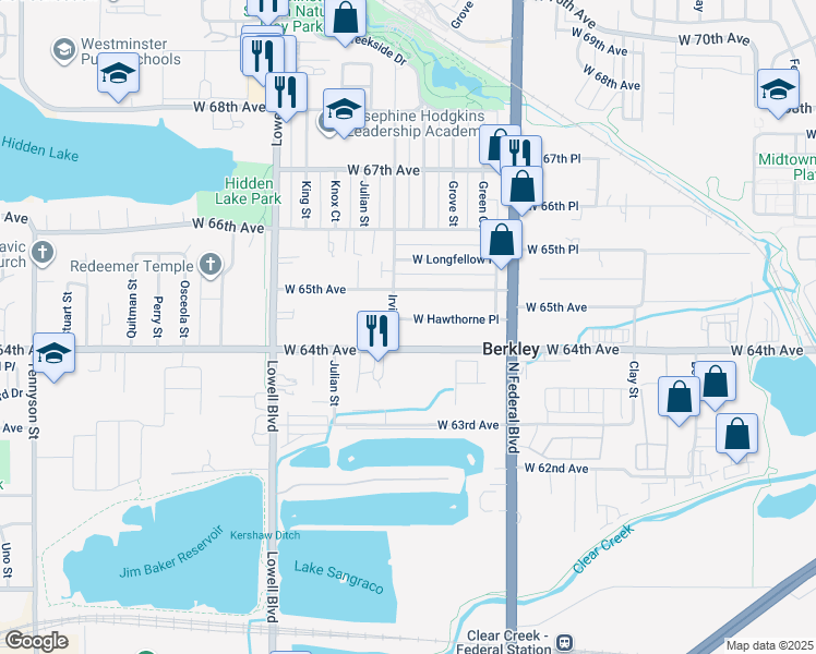 map of restaurants, bars, coffee shops, grocery stores, and more near 6401 Irving Street in Denver