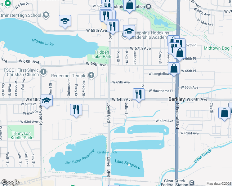 map of restaurants, bars, coffee shops, grocery stores, and more near 6380 Knox Court in Denver