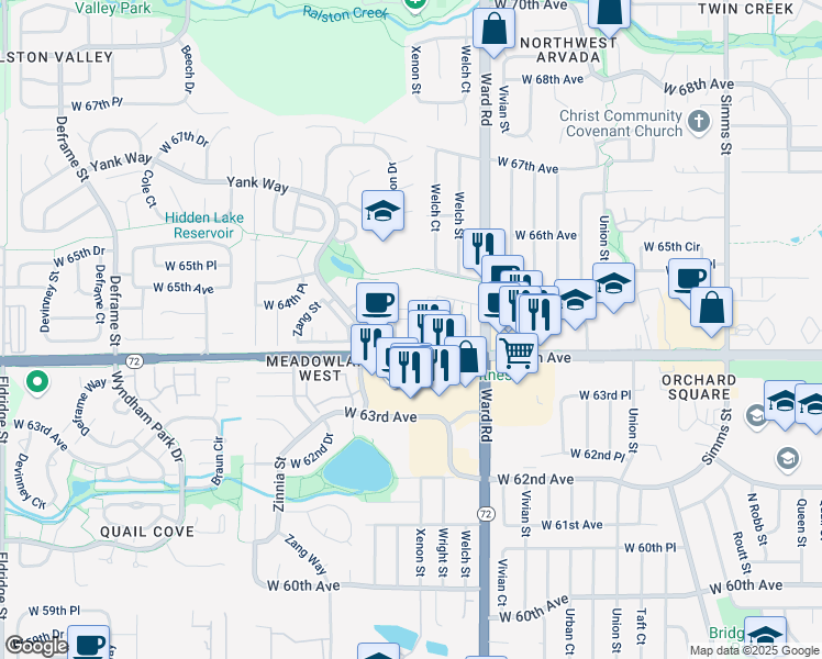 map of restaurants, bars, coffee shops, grocery stores, and more near 6440 Youngfield Street in Arvada