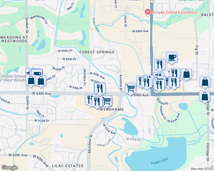 map of restaurants, bars, coffee shops, grocery stores, and more near 15456 West 64th Avenue in Arvada