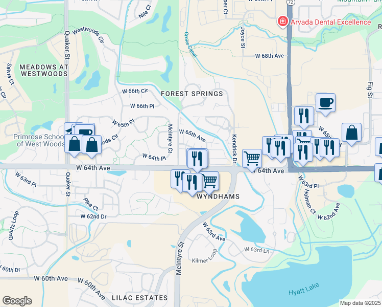 map of restaurants, bars, coffee shops, grocery stores, and more near 15526 West 64th Loop in Arvada