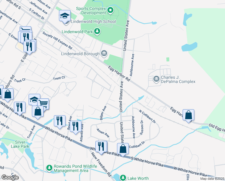 map of restaurants, bars, coffee shops, grocery stores, and more near 555 Bilper Avenue in Lindenwold