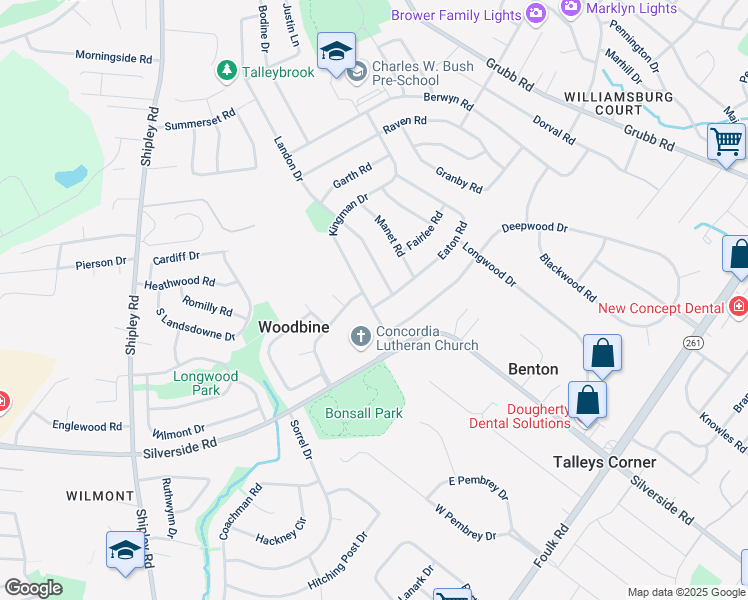 map of restaurants, bars, coffee shops, grocery stores, and more near 2405 Kingman Drive in Wilmington