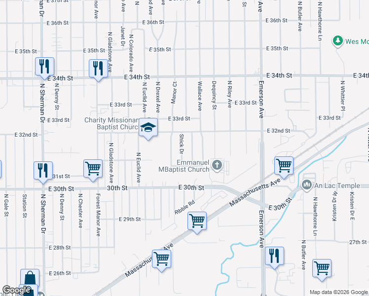 map of restaurants, bars, coffee shops, grocery stores, and more near 3119 Manor Court in Indianapolis