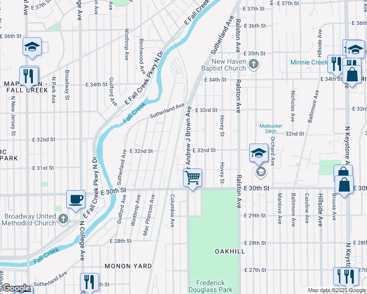 map of restaurants, bars, coffee shops, grocery stores, and more near 3132 Doctor Andrew J Brown Avenue in Indianapolis