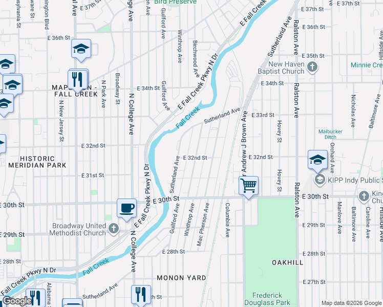 map of restaurants, bars, coffee shops, grocery stores, and more near 3141 Sutherland Avenue in Indianapolis
