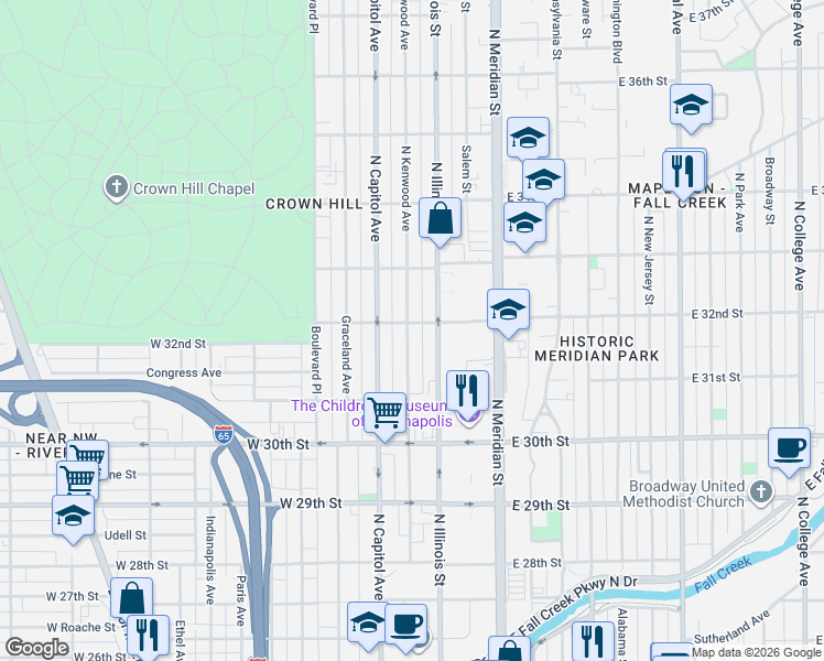 map of restaurants, bars, coffee shops, grocery stores, and more near 3161 North Kenwood Avenue in Indianapolis