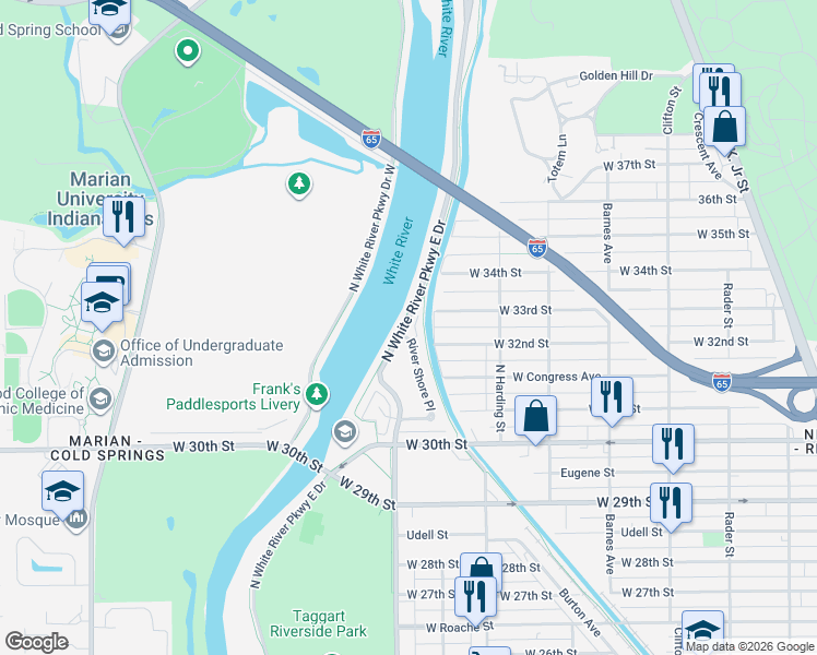 map of restaurants, bars, coffee shops, grocery stores, and more near 3171 River Villa Way in Indianapolis