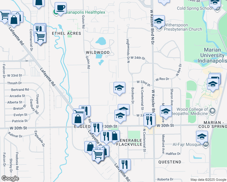 map of restaurants, bars, coffee shops, grocery stores, and more near 3215 West 32nd Street in Indianapolis