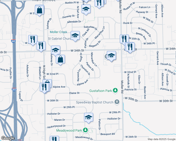 map of restaurants, bars, coffee shops, grocery stores, and more near 3214 Thurston Drive in Indianapolis