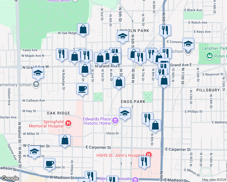 map of restaurants, bars, coffee shops, grocery stores, and more near 1020 North 4th Street in Springfield