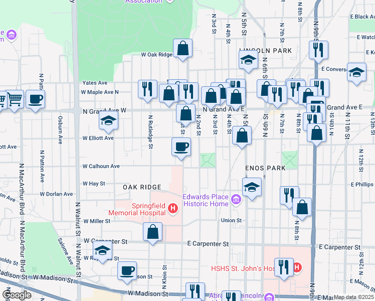 map of restaurants, bars, coffee shops, grocery stores, and more near 1017 North 2nd Street in Springfield