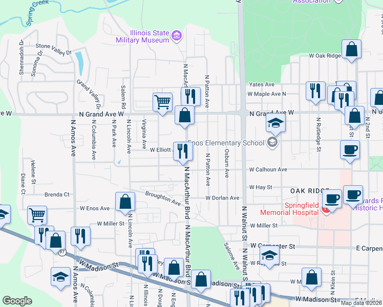 map of restaurants, bars, coffee shops, grocery stores, and more near 1005 North MacArthur Boulevard in Springfield