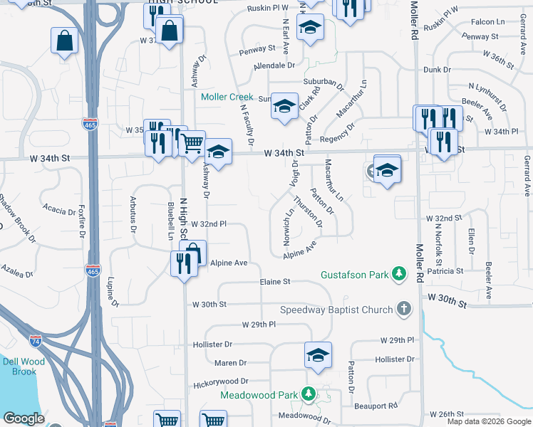 map of restaurants, bars, coffee shops, grocery stores, and more near 3214 Voigt Drive in Indianapolis
