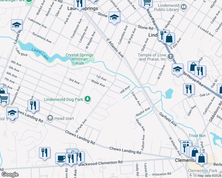 map of restaurants, bars, coffee shops, grocery stores, and more near 515 West Park Avenue in Lindenwold