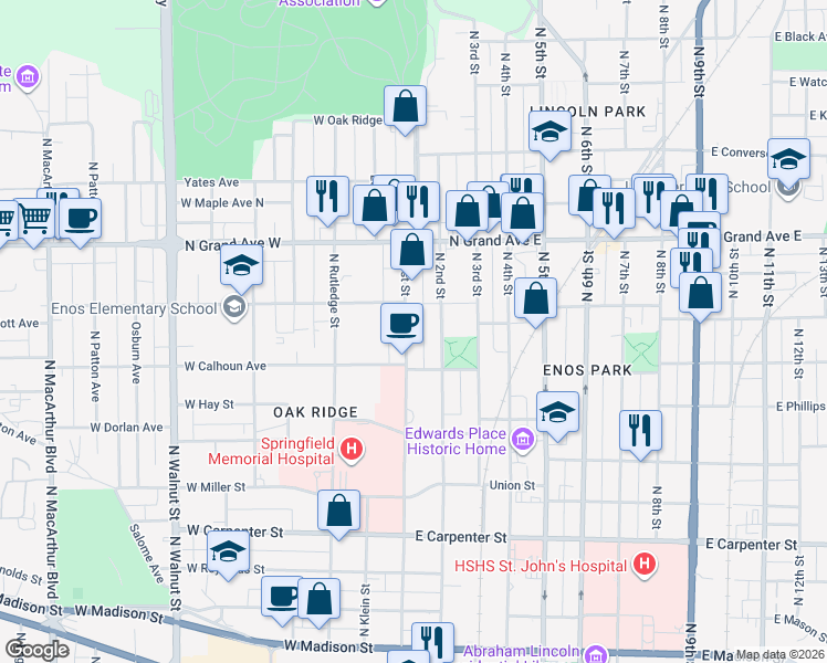 map of restaurants, bars, coffee shops, grocery stores, and more near 1017 North 1st Street in Springfield