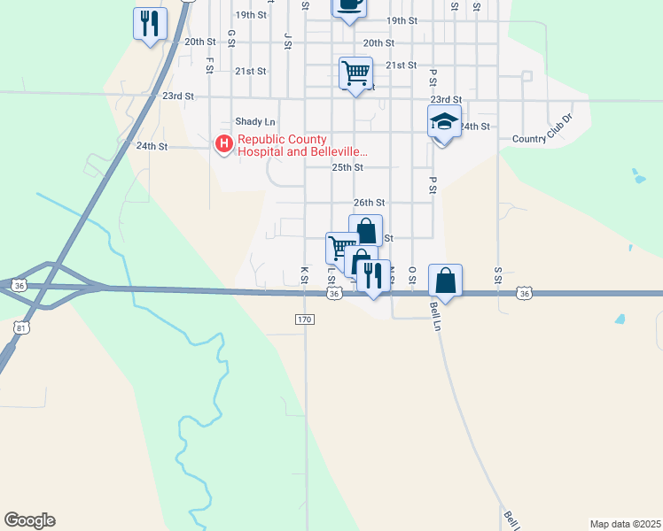 map of restaurants, bars, coffee shops, grocery stores, and more near 2719 L Street in Belleville