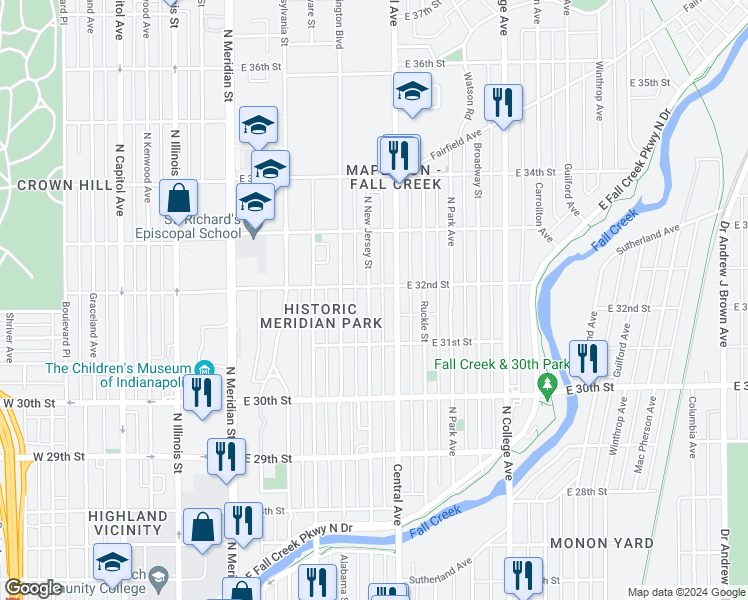 map of restaurants, bars, coffee shops, grocery stores, and more near 3151 North New Jersey Street in Indianapolis