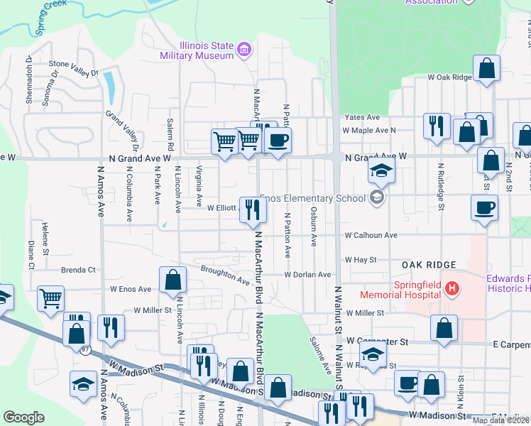 map of restaurants, bars, coffee shops, grocery stores, and more near 1005 North MacArthur Boulevard in Springfield