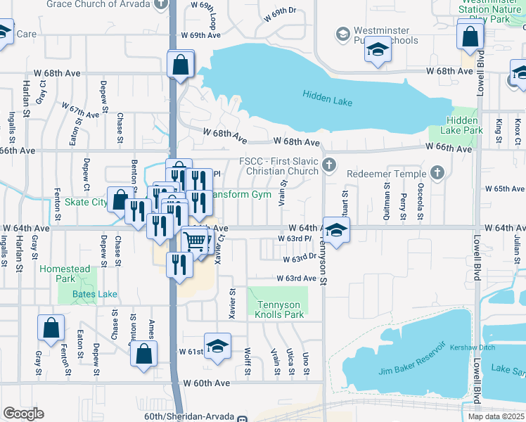 map of restaurants, bars, coffee shops, grocery stores, and more near 6405 Winona Court in Arvada