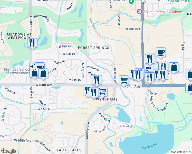 map of restaurants, bars, coffee shops, grocery stores, and more near 15456 West 64th Avenue in Arvada