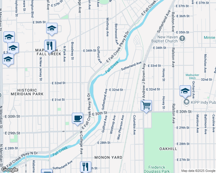 map of restaurants, bars, coffee shops, grocery stores, and more near 3137 Sutherland Avenue in Indianapolis