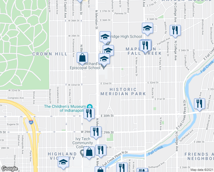 map of restaurants, bars, coffee shops, grocery stores, and more near 3128 North Pennsylvania Street in Indianapolis