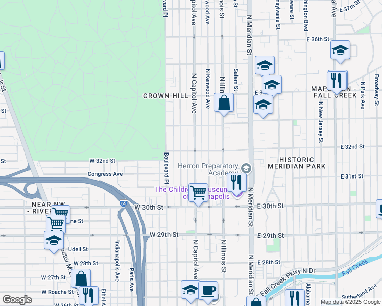 map of restaurants, bars, coffee shops, grocery stores, and more near 3154 North Capitol Avenue in Indianapolis