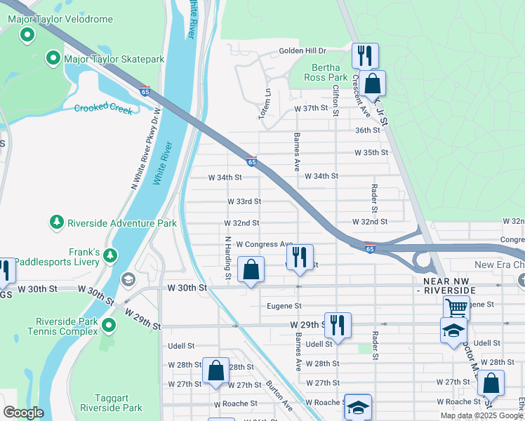 map of restaurants, bars, coffee shops, grocery stores, and more near 1308 West 32nd Street in Indianapolis