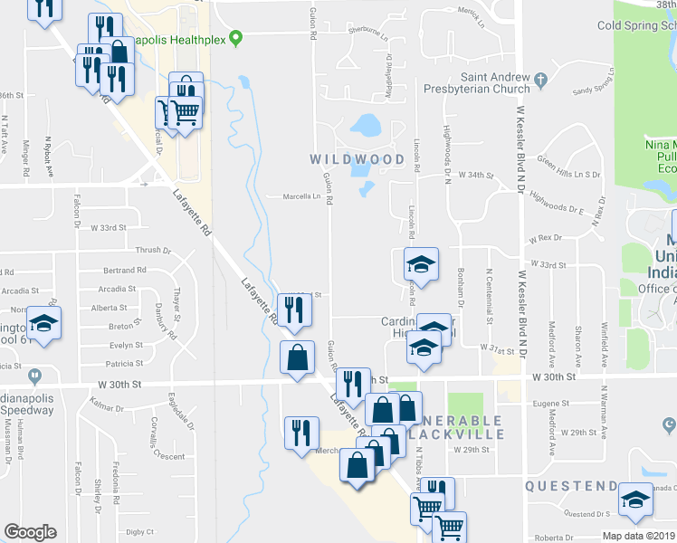 map of restaurants, bars, coffee shops, grocery stores, and more near 3203 Guion Road in Indianapolis