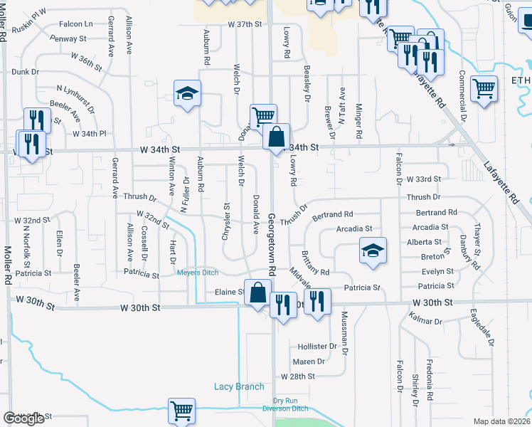 map of restaurants, bars, coffee shops, grocery stores, and more near 4823 Thrush Drive in Indianapolis