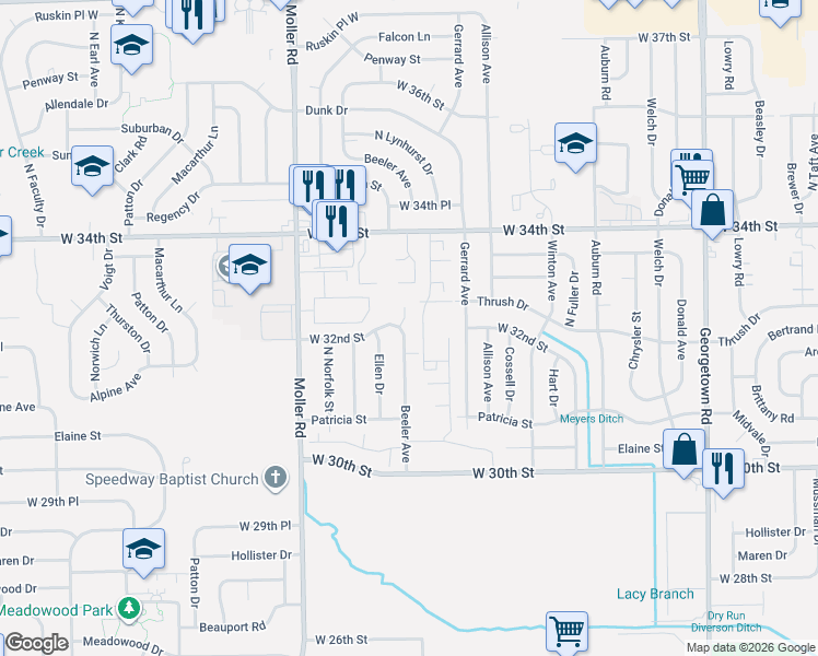 map of restaurants, bars, coffee shops, grocery stores, and more near 5218 West 32nd Place in Indianapolis