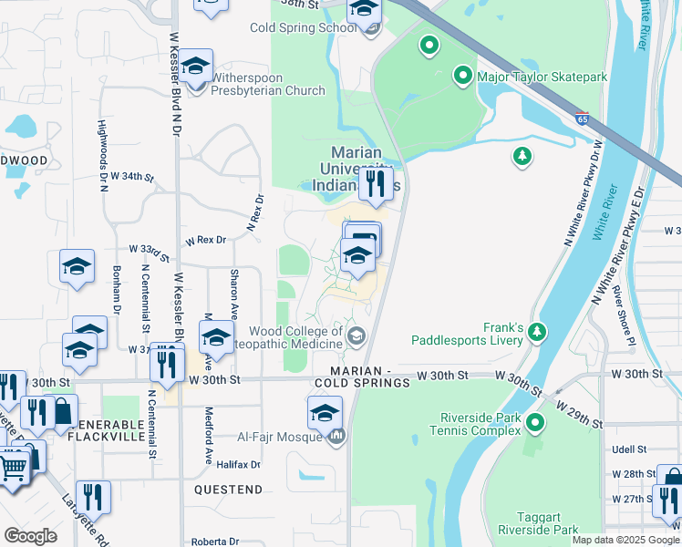 map of restaurants, bars, coffee shops, grocery stores, and more near 3200 Cold Spring Road in Indianapolis