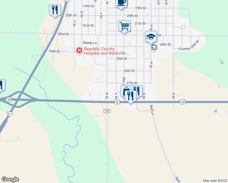 map of restaurants, bars, coffee shops, grocery stores, and more near 2719-2727 L Street in Belleville