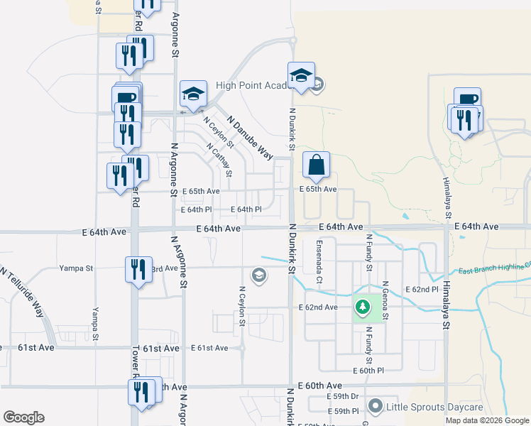 map of restaurants, bars, coffee shops, grocery stores, and more near 19168 East 64th Place in Denver