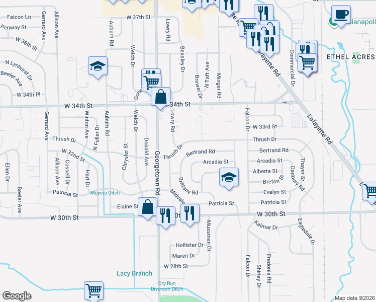 map of restaurants, bars, coffee shops, grocery stores, and more near 4532 Bertrand Road in Indianapolis