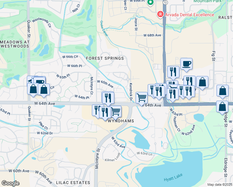 map of restaurants, bars, coffee shops, grocery stores, and more near 15385 West 64th Lane in Arvada