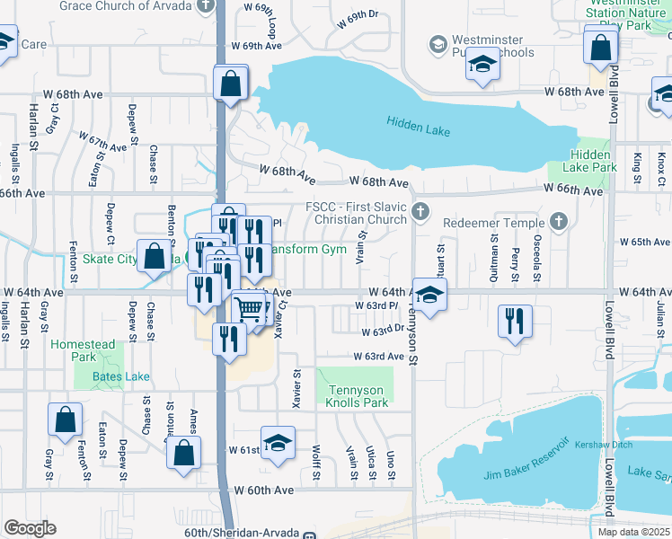 map of restaurants, bars, coffee shops, grocery stores, and more near 6405 Winona Court in Arvada
