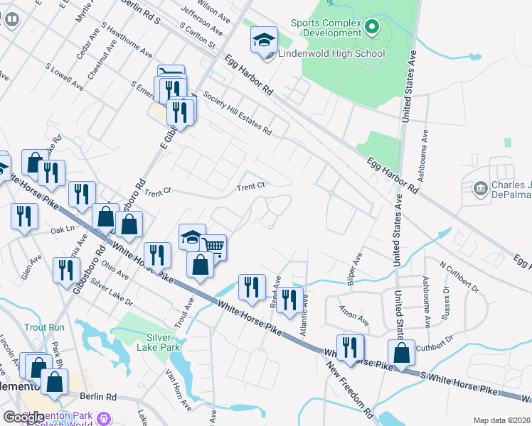 map of restaurants, bars, coffee shops, grocery stores, and more near 24 Dover Court in Clementon