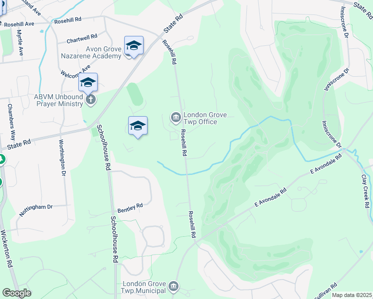 map of restaurants, bars, coffee shops, grocery stores, and more near 381 Rosehill Road in West Grove