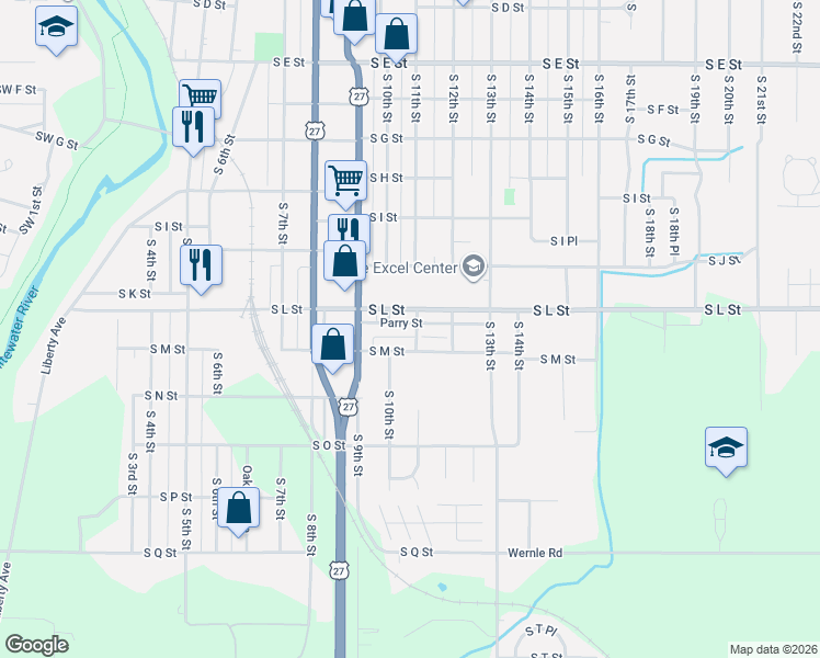 map of restaurants, bars, coffee shops, grocery stores, and more near 1008 South M Street in Richmond